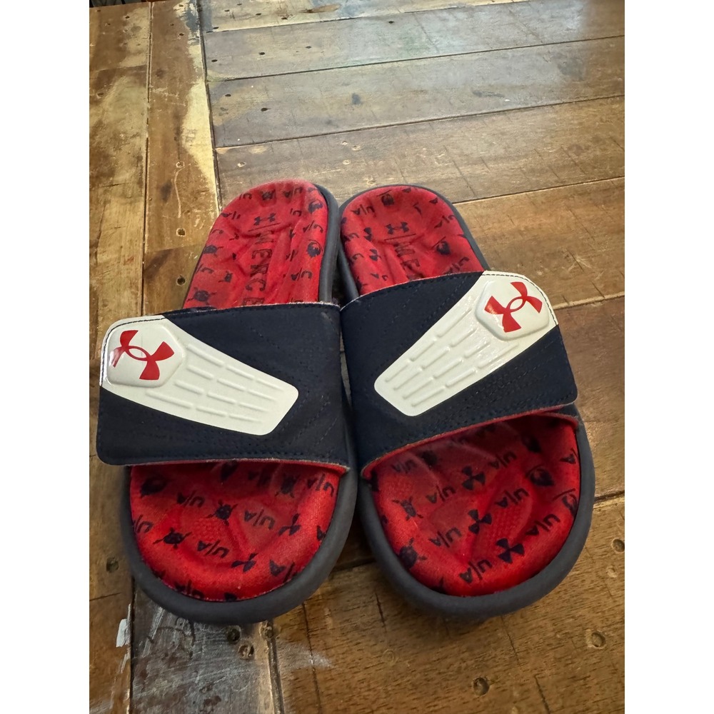 Under Armour Ignite Mercenary Kids Slides Red Navy Blue 3023781-601 Size 3Y
